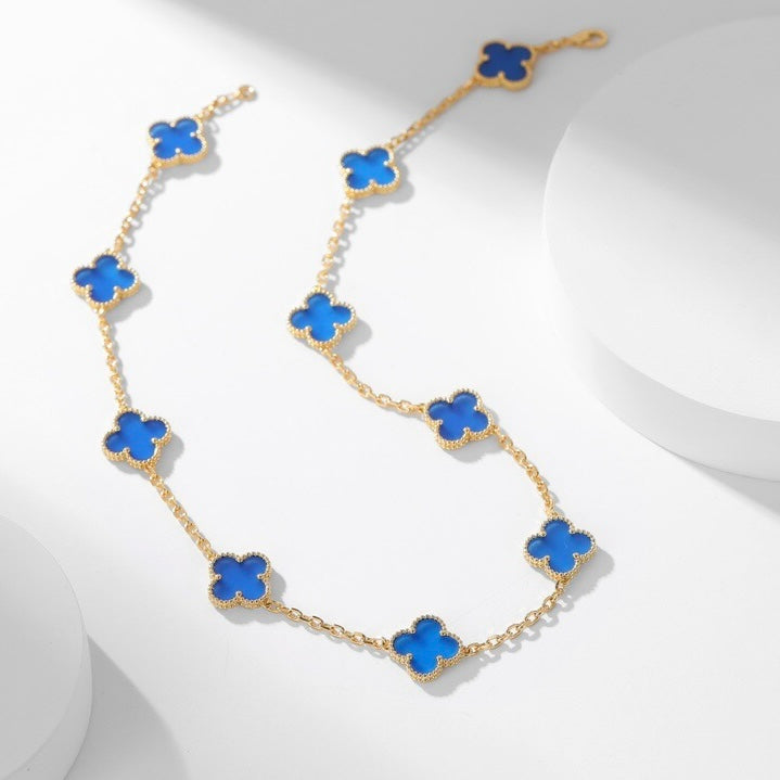 [AuraEcho Jewelry]CLOVER 10 MOTIFS BLUE AGATE NECKLACE