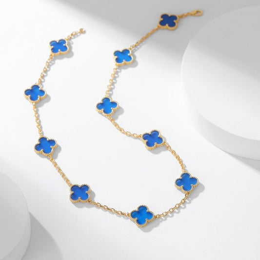 [AuraEcho Jewelry]CLOVER 10 MOTIFS BLUE AGATE NECKLACE