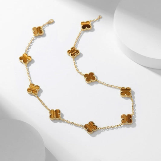 [AuraEcho Jewelry]CLOVER 10 MOTIFS TIGER EYE NECKLACE