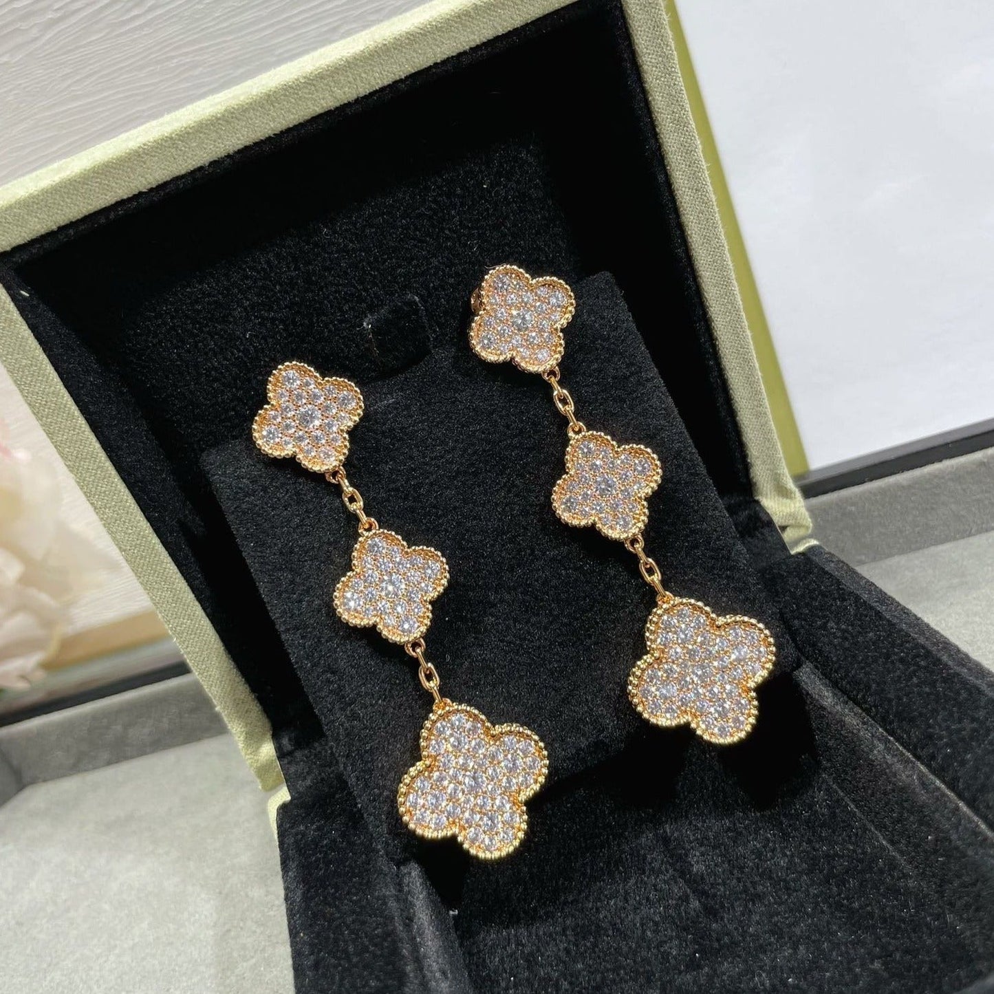 [AuraEcho Jewelry]CLOVER 3 MOTIFS DIAMOND PAVED ROSE GOLD EARRINGS