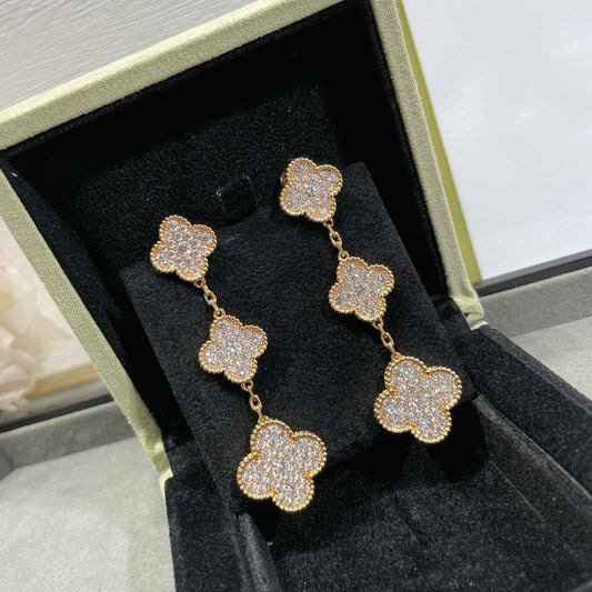 [AuraEcho Jewelry]CLOVER 3 MOTIFS DIAMOND PAVED ROSE GOLD EARRINGS