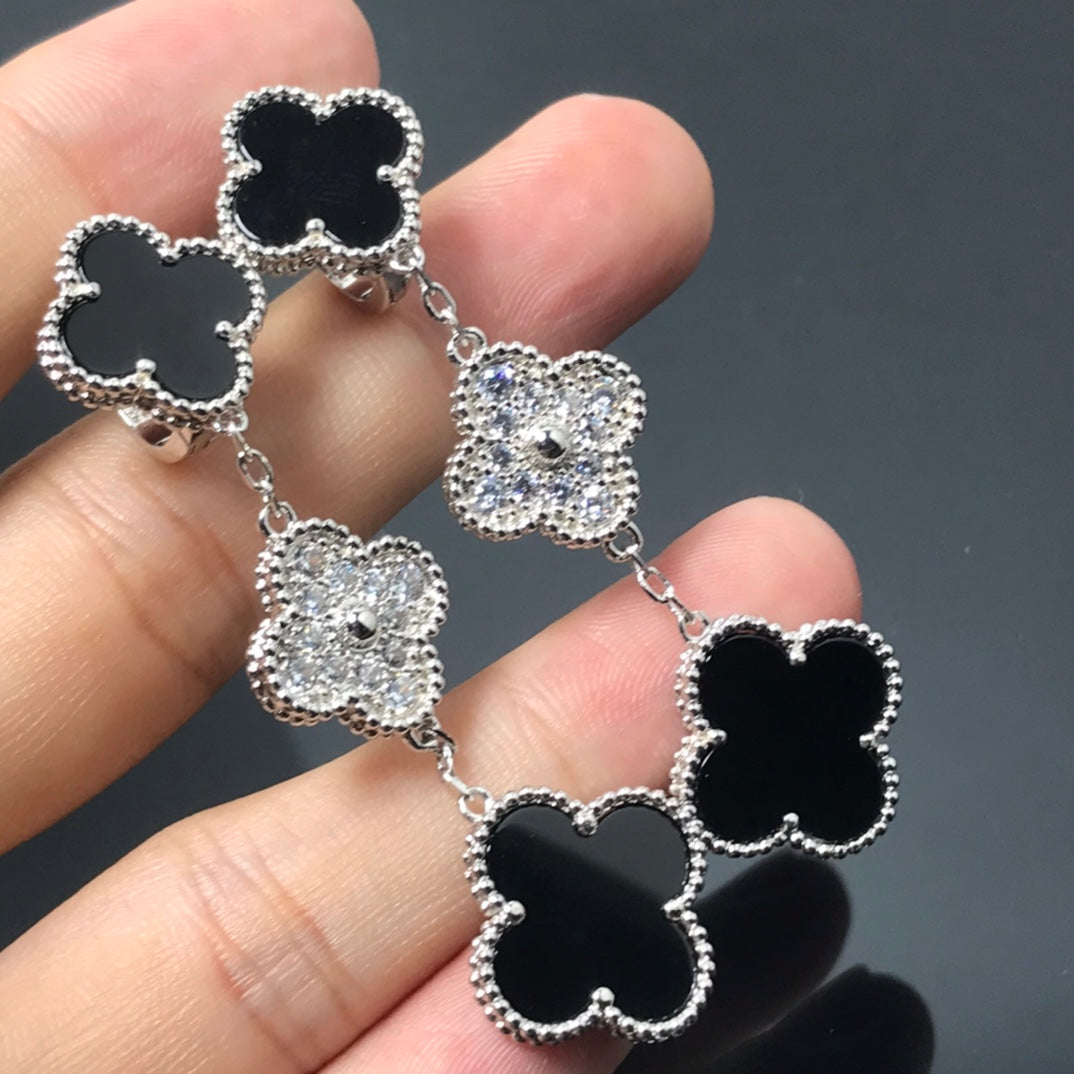 [AuraEcho Jewelry]CLOVER 3 MOTIF DIAMOND ONYX SILVER EARRINGS