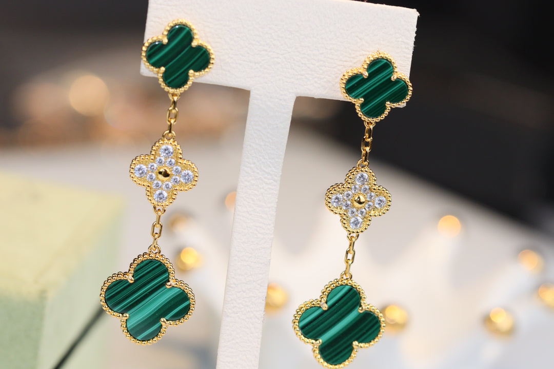 [AuraEcho Jewelry]CLOVER EARRINGS GOLD MALACHITE DIAMOND 3 MOTIF