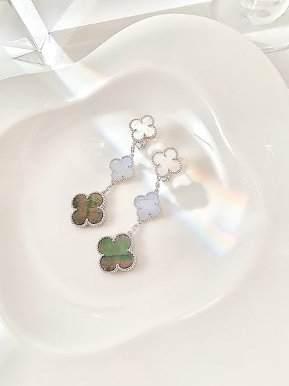 [AuraEcho Jewelry]CLOVER 3 MOTIFS CHALCEDONY DARK MOP SILVER EARRINGS