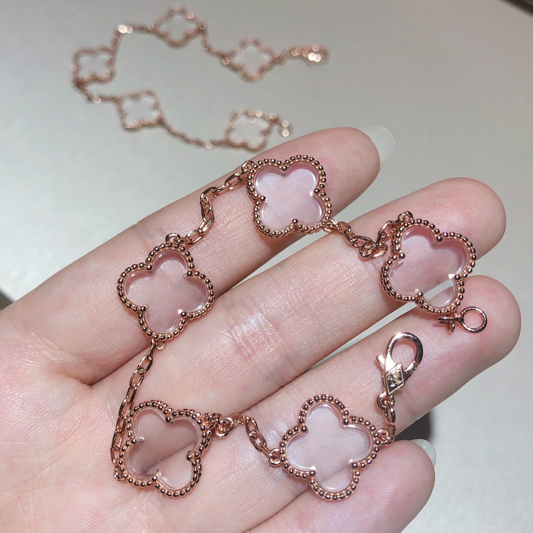 [AuraEcho Jewelry]CLOVER 5 MOTIF ROCK CRYSTAL PINK GOLD BRACELET