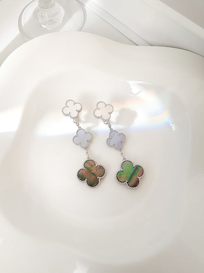 [AuraEcho Jewelry]CLOVER 3 MOTIFS CHALCEDONY DARK MOP SILVER EARRINGS