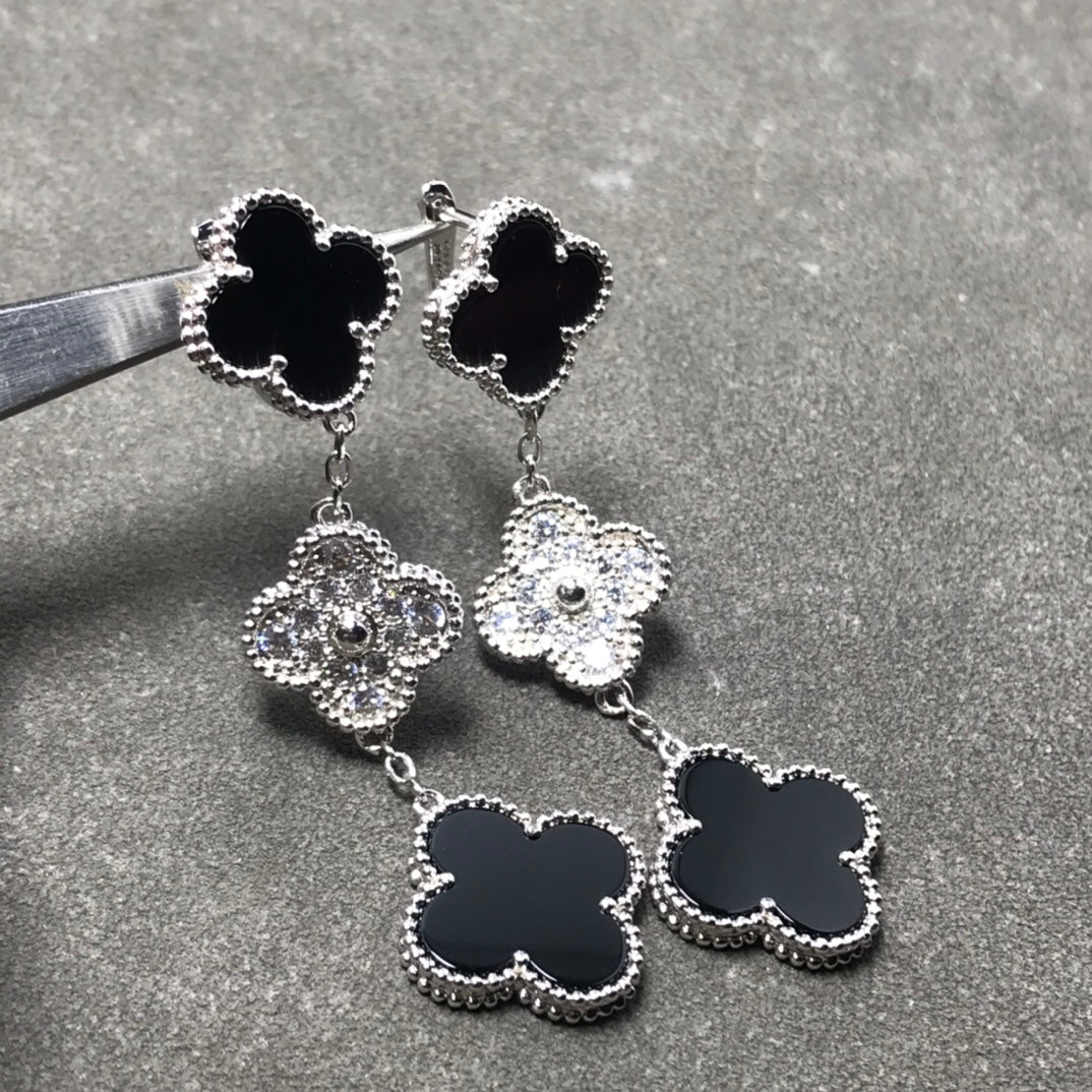 [AuraEcho Jewelry]CLOVER 3 MOTIF DIAMOND ONYX SILVER EARRINGS