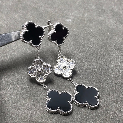 [AuraEcho Jewelry]CLOVER 3 MOTIF DIAMOND ONYX SILVER EARRINGS