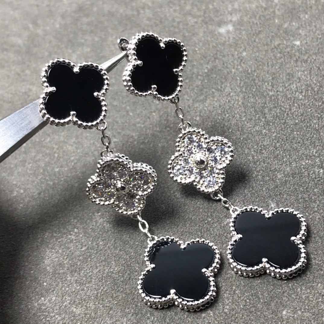[AuraEcho Jewelry]CLOVER 3 MOTIF DIAMOND ONYX SILVER EARRINGS