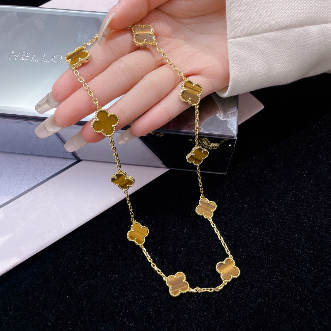 [AuraEcho Jewelry]CLOVER 10 MOTIFS TIGER EYE NECKLACE