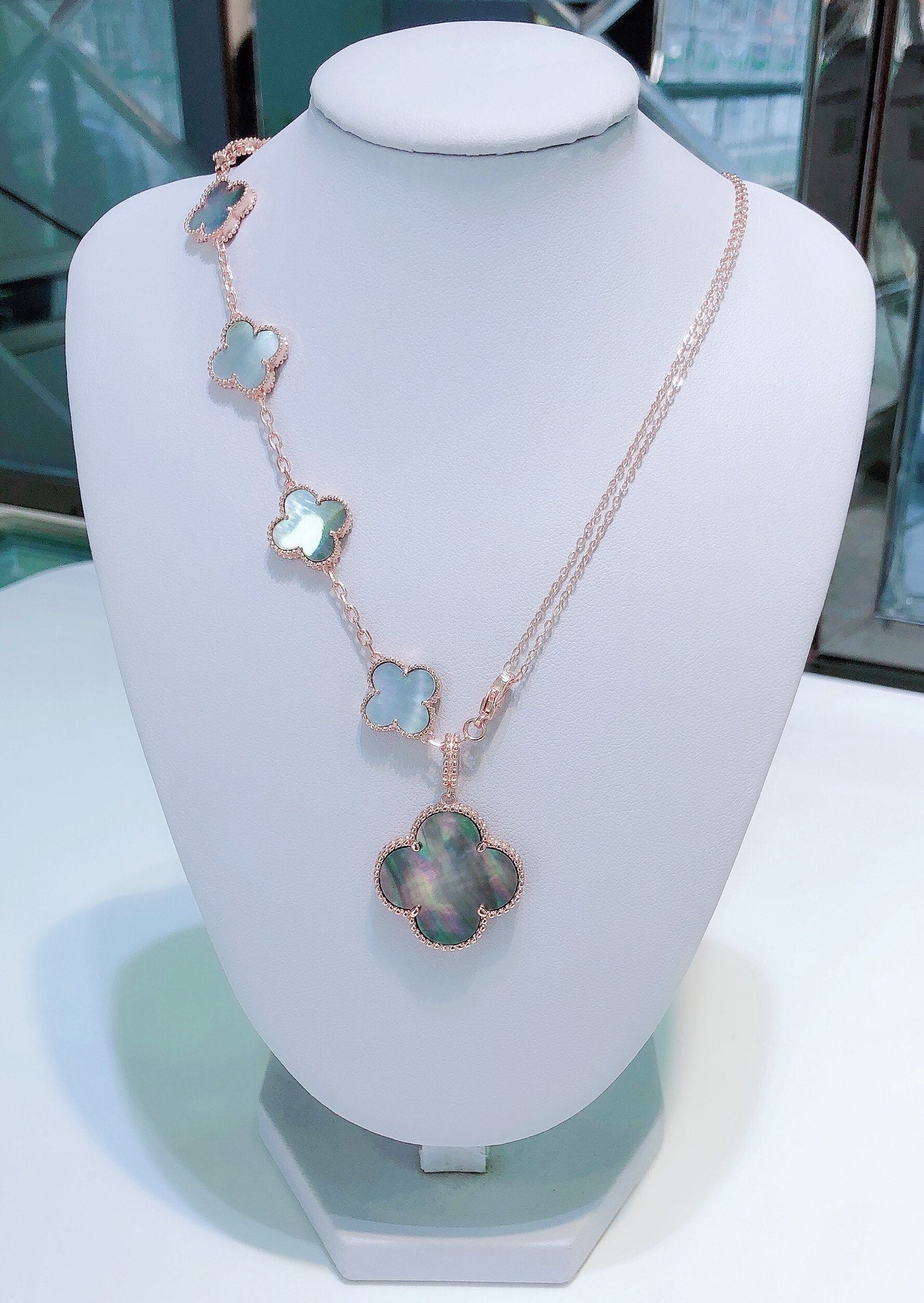 [AuraEcho Jewelry]COMBINED BRACELET 5 MOTIFS AND NECKLACE DARK MOP ROSE GOLD