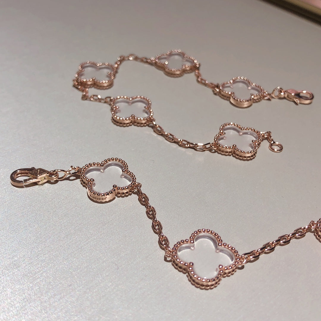 [AuraEcho Jewelry]CLOVER 5 MOTIF ROCK CRYSTAL PINK GOLD BRACELET