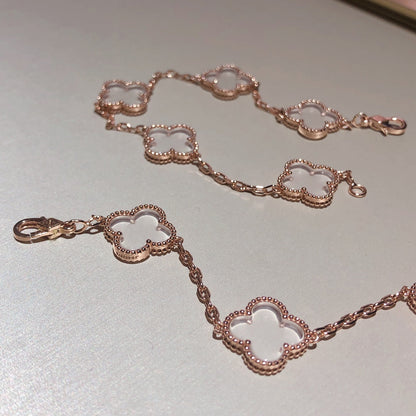 [AuraEcho Jewelry]CLOVER 5 MOTIF ROCK CRYSTAL PINK GOLD BRACELET