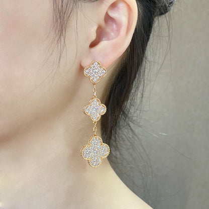 [AuraEcho Jewelry]CLOVER 3 MOTIFS DIAMOND PAVED ROSE GOLD EARRINGS