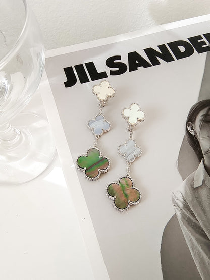 [AuraEcho Jewelry]CLOVER 3 MOTIFS CHALCEDONY DARK MOP SILVER EARRINGS