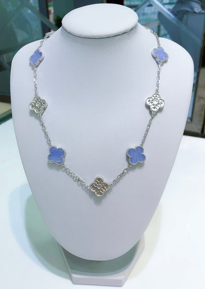 [AuraEcho Jewelry]CLOVER 10 MOTIFS CHALCEDONY DIAMONDS SILVER NECKLACE
