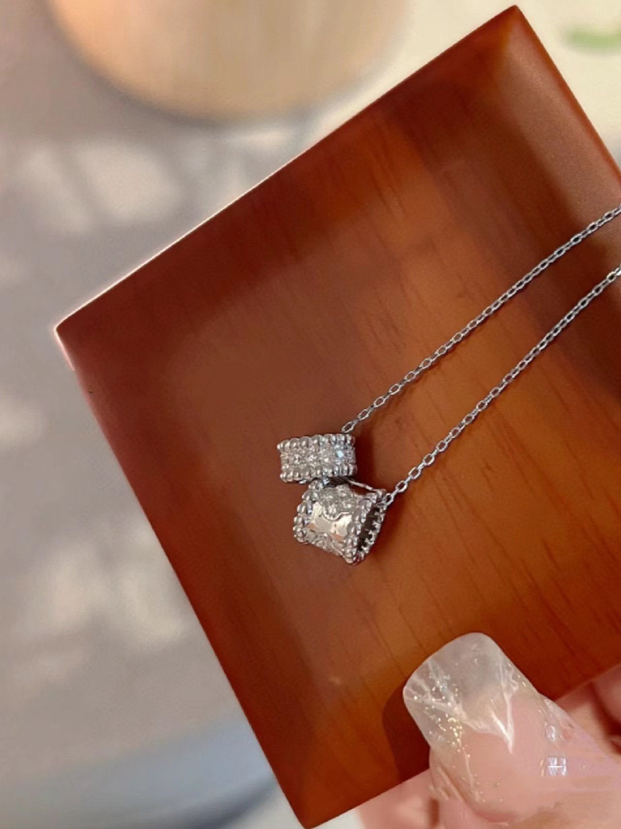 [AuraEcho Jewelry]PERLEE DOUBLE PENDANT SILVER DIAMOND NECKLACE