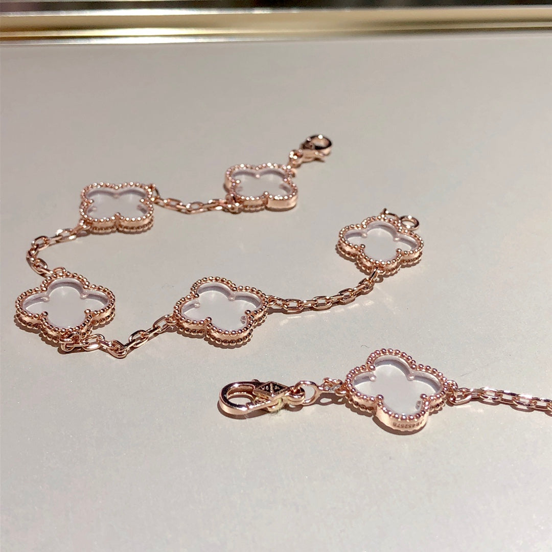 [AuraEcho Jewelry]CLOVER 5 MOTIF ROCK CRYSTAL PINK GOLD BRACELET
