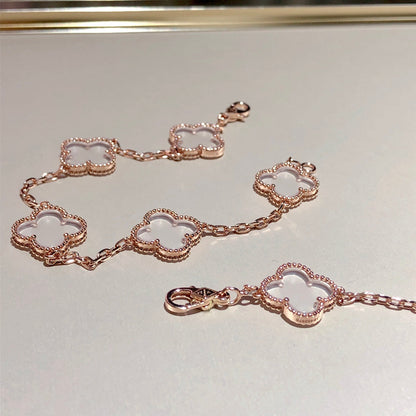 [AuraEcho Jewelry]CLOVER 5 MOTIF ROCK CRYSTAL PINK GOLD BRACELET