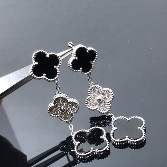 [AuraEcho Jewelry]CLOVER 3 MOTIF DIAMOND ONYX SILVER EARRINGS