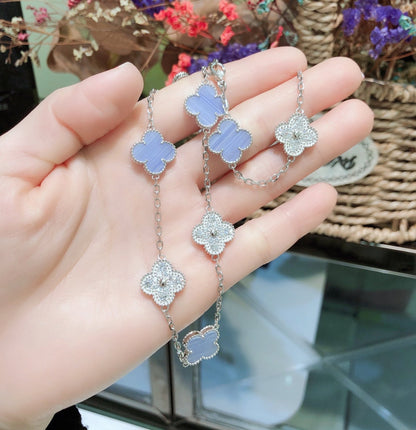 [AuraEcho Jewelry]CLOVER 10 MOTIFS CHALCEDONY DIAMONDS SILVER NECKLACE