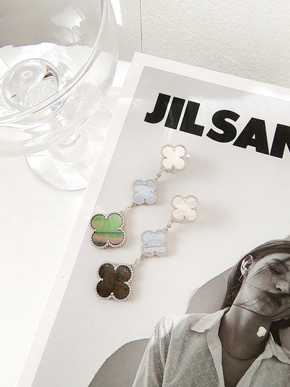 [AuraEcho Jewelry]CLOVER 3 MOTIFS CHALCEDONY DARK MOP SILVER EARRINGS