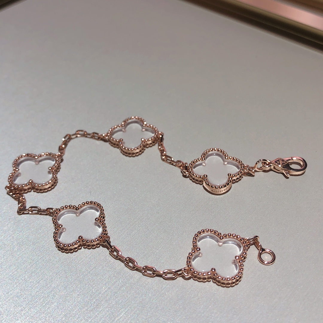 [AuraEcho Jewelry]CLOVER 5 MOTIF ROCK CRYSTAL PINK GOLD BRACELET