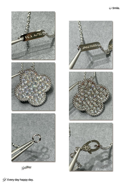 [AuraEcho Jewelry]CLOVER 25MM LARGE PENDANT DIAMOND PAVED SILVER NECKLACE