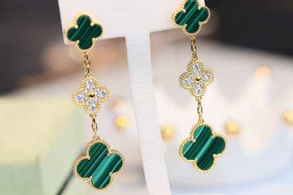[AuraEcho Jewelry]CLOVER EARRINGS GOLD MALACHITE DIAMOND 3 MOTIF