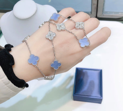 [AuraEcho Jewelry]CLOVER 10 MOTIFS CHALCEDONY DIAMONDS SILVER NECKLACE