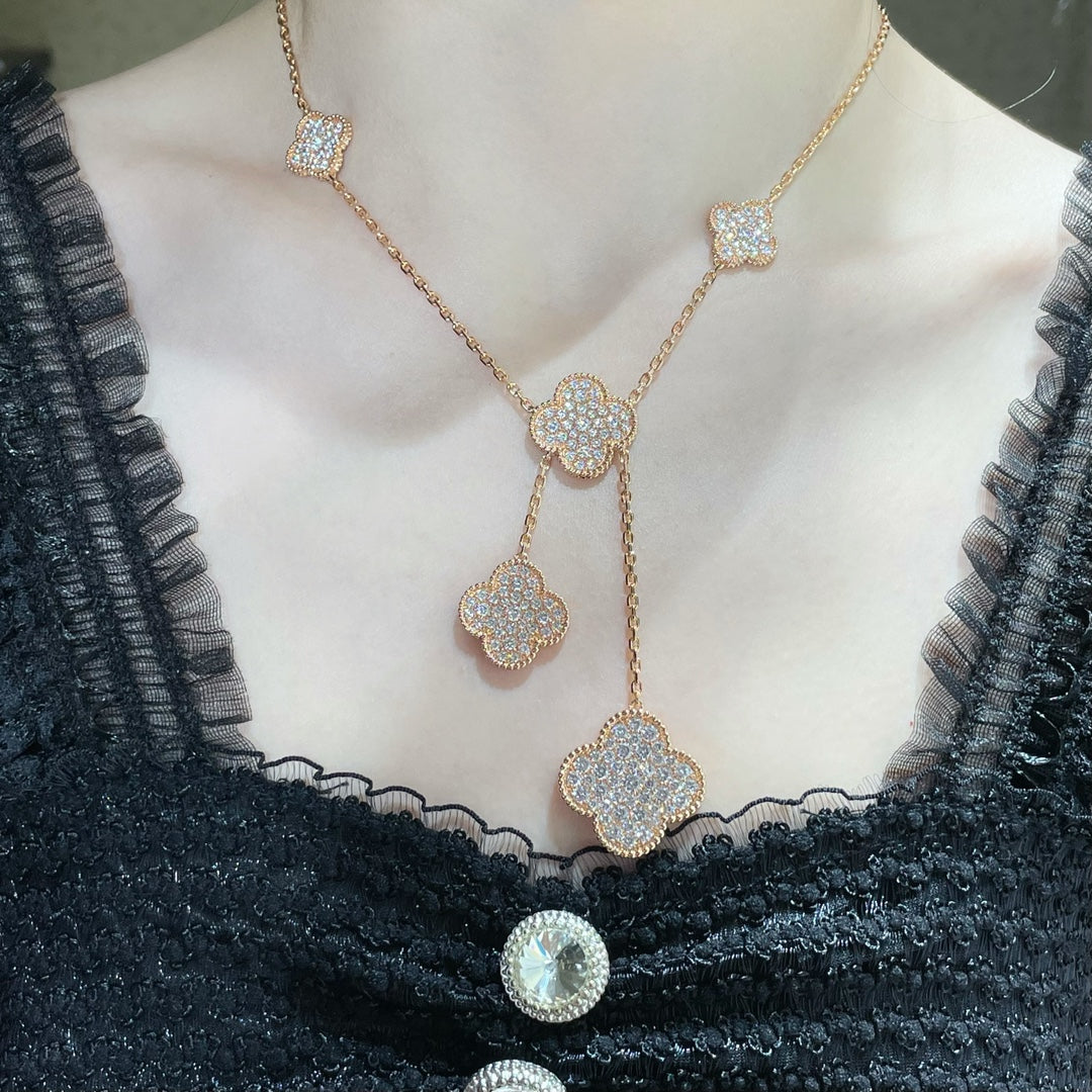 [AuraEcho Jewelry]CLOVER 6 MOTIF DIAMOND PAVED NECKLACE