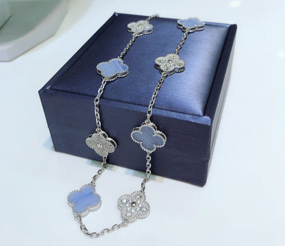 [AuraEcho Jewelry]CLOVER 10 MOTIFS CHALCEDONY DIAMONDS SILVER NECKLACE