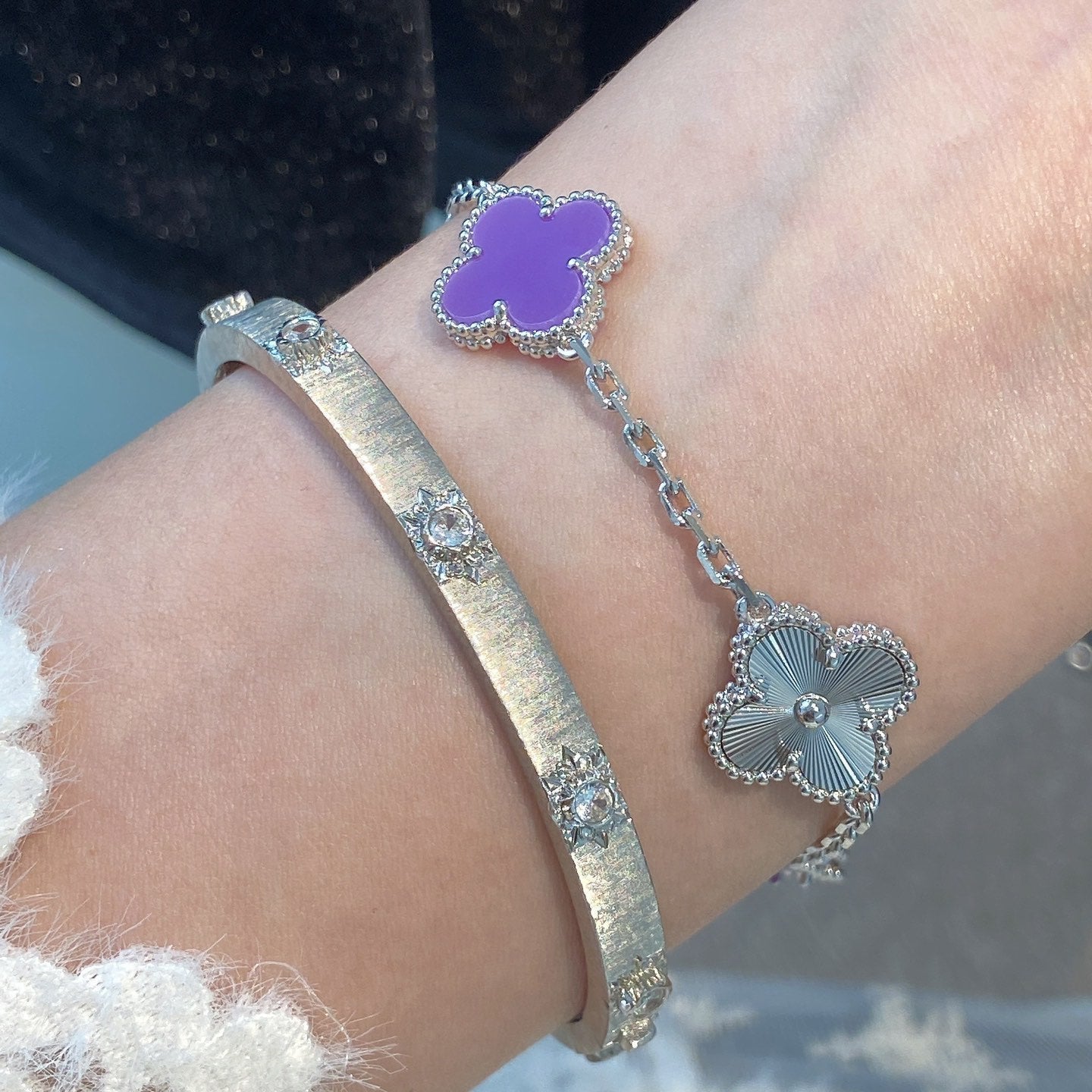 [AuraEcho Jewelry]CLOVER  5 MOTIFS  PURPLE VIOLET BRACELET SILVER