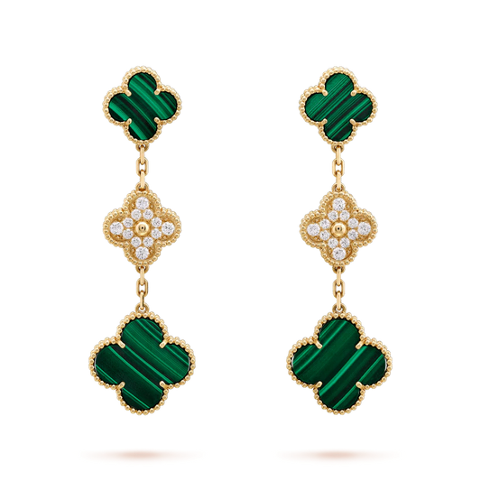 [AuraEcho Jewelry]CLOVER EARRINGS GOLD MALACHITE DIAMOND 3 MOTIF