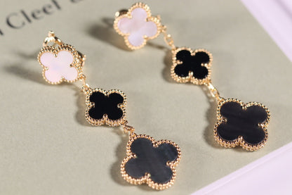 [AuraEcho Jewelry]CLOVER EARRINGS GOLD ONYX MOP 3 MOTIF