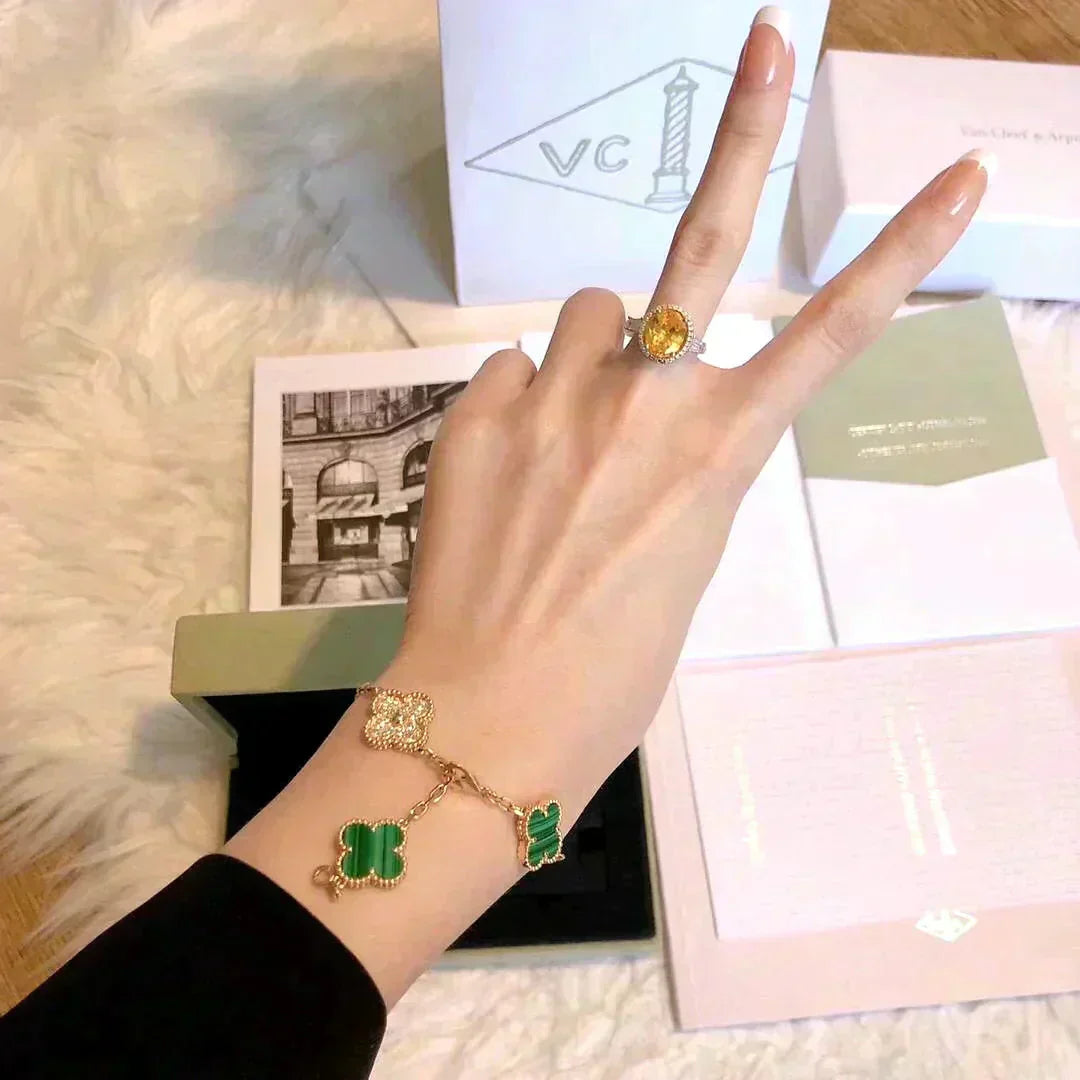 [AuraEcho Jewelry]CLOVER  5 MOTIF MALACHITE DIAMOND BRACELET