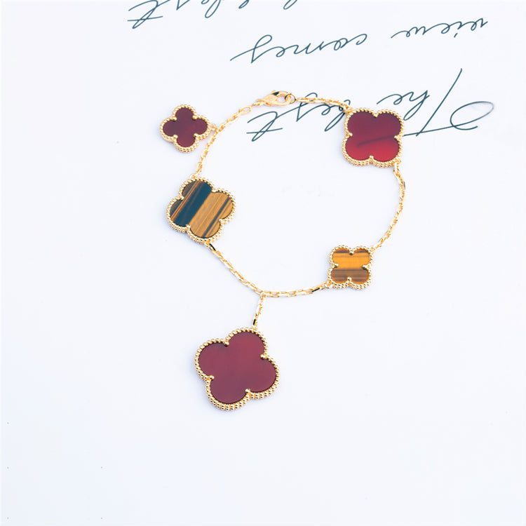 [AuraEcho Jewelry]CLOVER BRACELET 5 MOTIFS CARNELIAN TIGER EYE