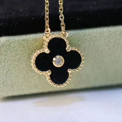 [AuraEcho Jewelry]CLOVER 15MM DIAMOND ONYX NECKLACE
