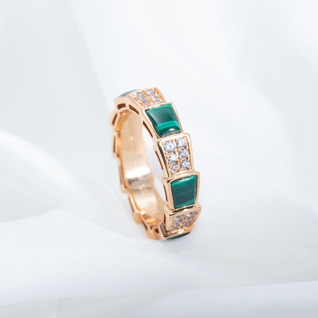 [AuraEcho Jewelry]SERPENTI RING PINK GOLD MALACHITE DIAMOND PAVED 4MM