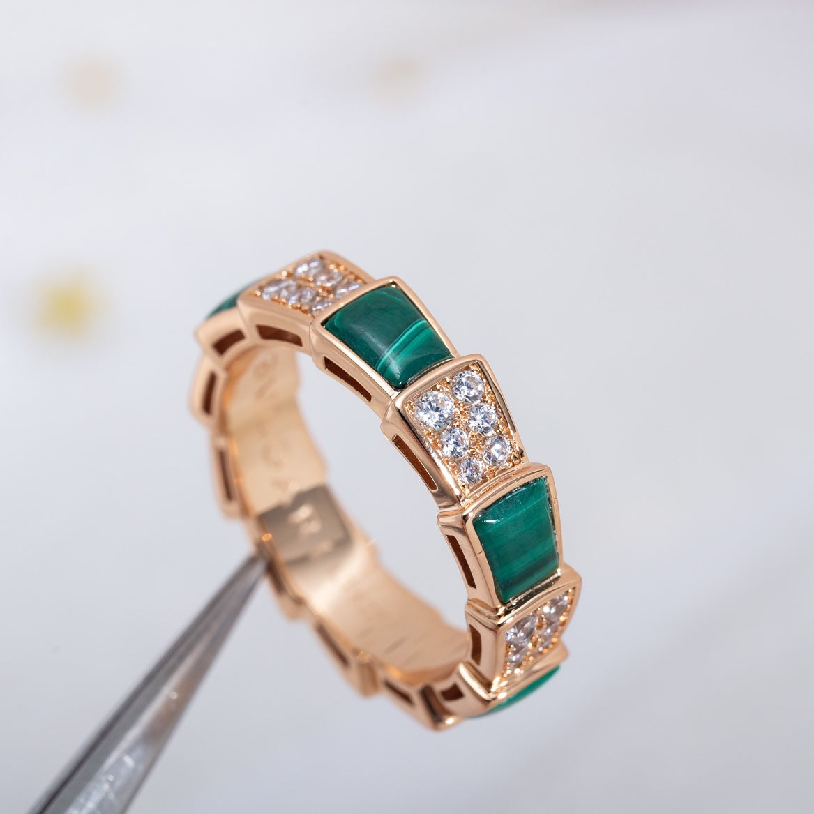 [AuraEcho Jewelry]SERPENTI RING PINK GOLD MALACHITE DIAMOND PAVED 4MM