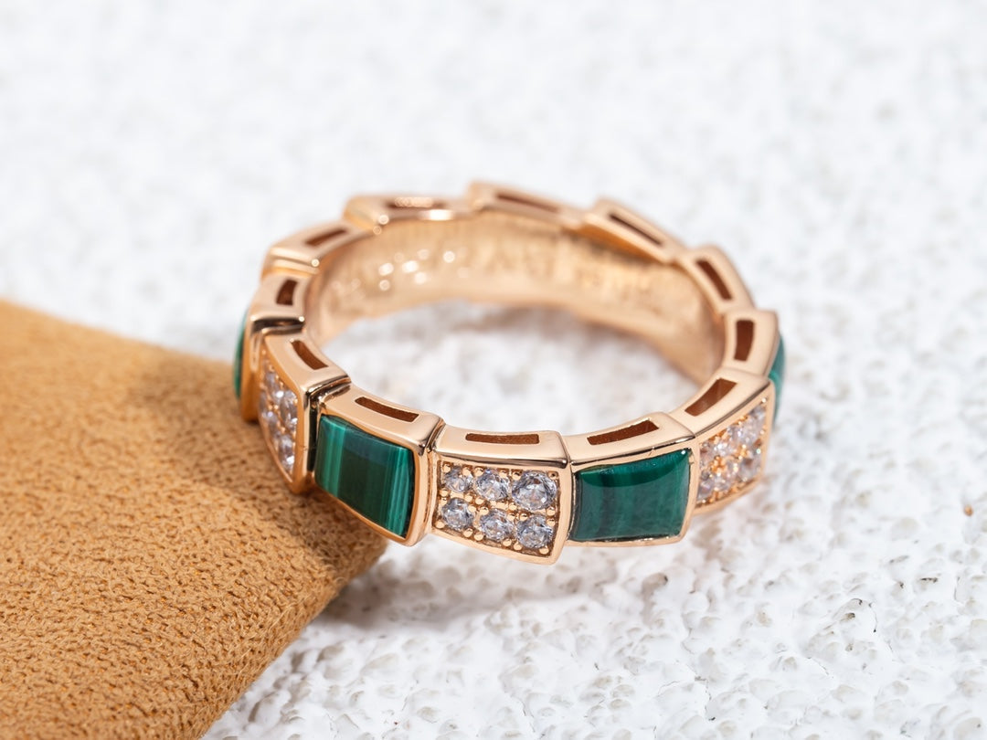 [AuraEcho Jewelry]SERPENTI RING PINK GOLD MALACHITE DIAMOND PAVED 4MM