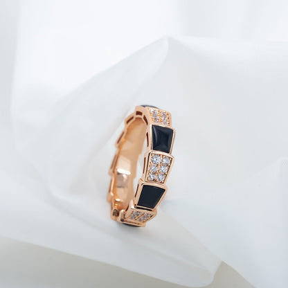 [AuraEcho Jewelry]SERPENTI RING PINK GOLD BLACK MOP DIAMOND PAVED 4MM