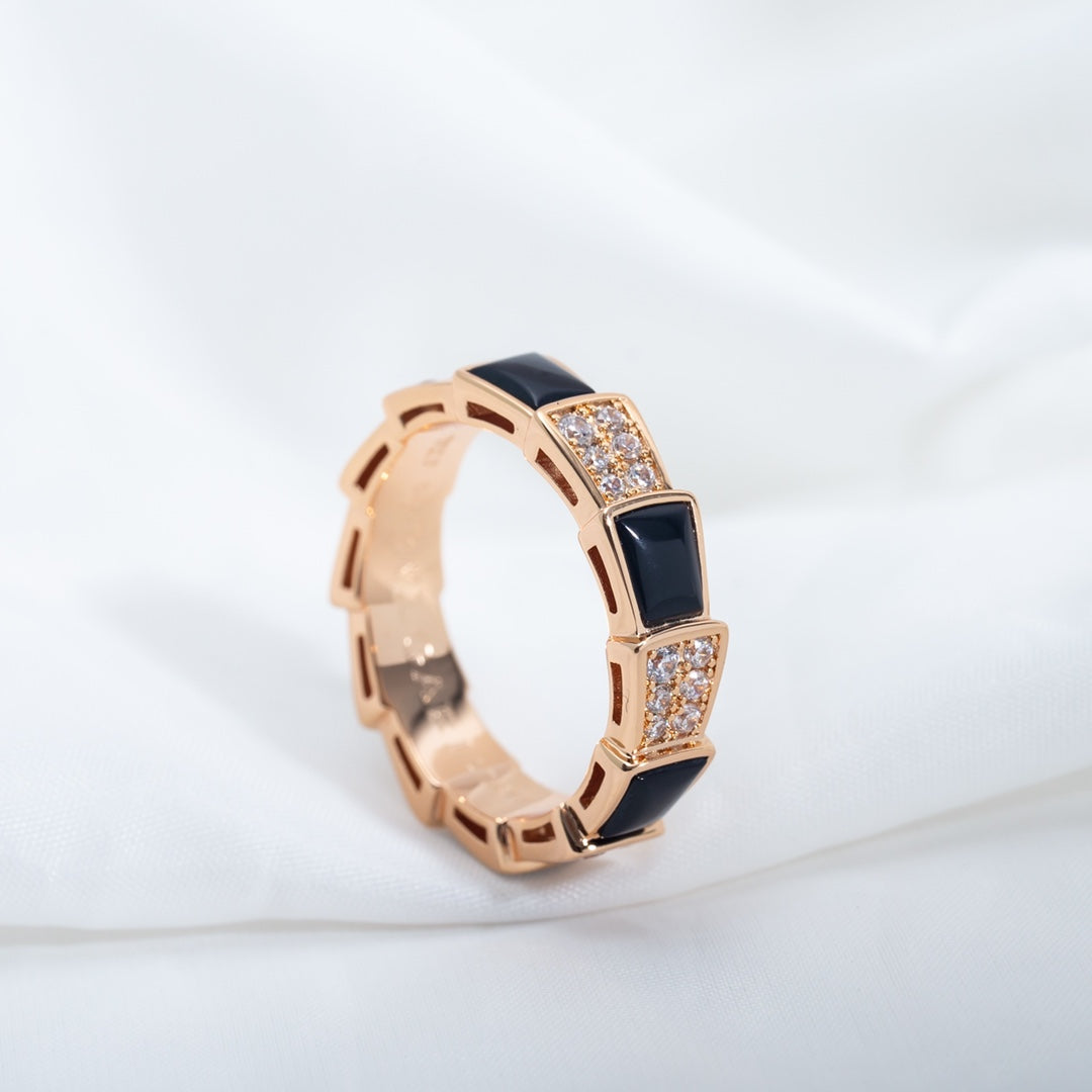 [AuraEcho Jewelry]SERPENTI RING PINK GOLD BLACK MOP DIAMOND PAVED 4MM