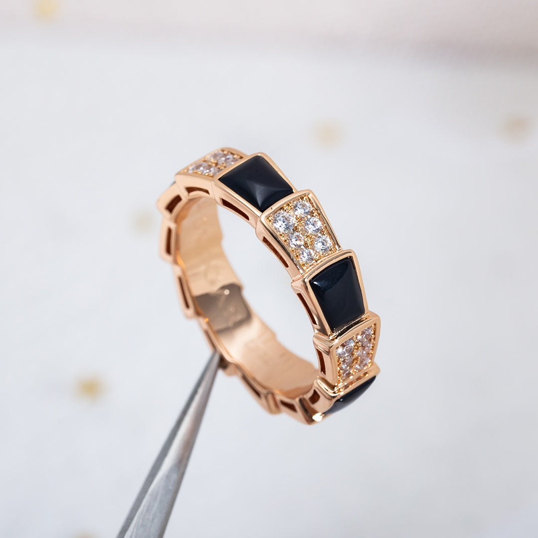 [AuraEcho Jewelry]SERPENTI RING PINK GOLD BLACK MOP DIAMOND PAVED 4MM