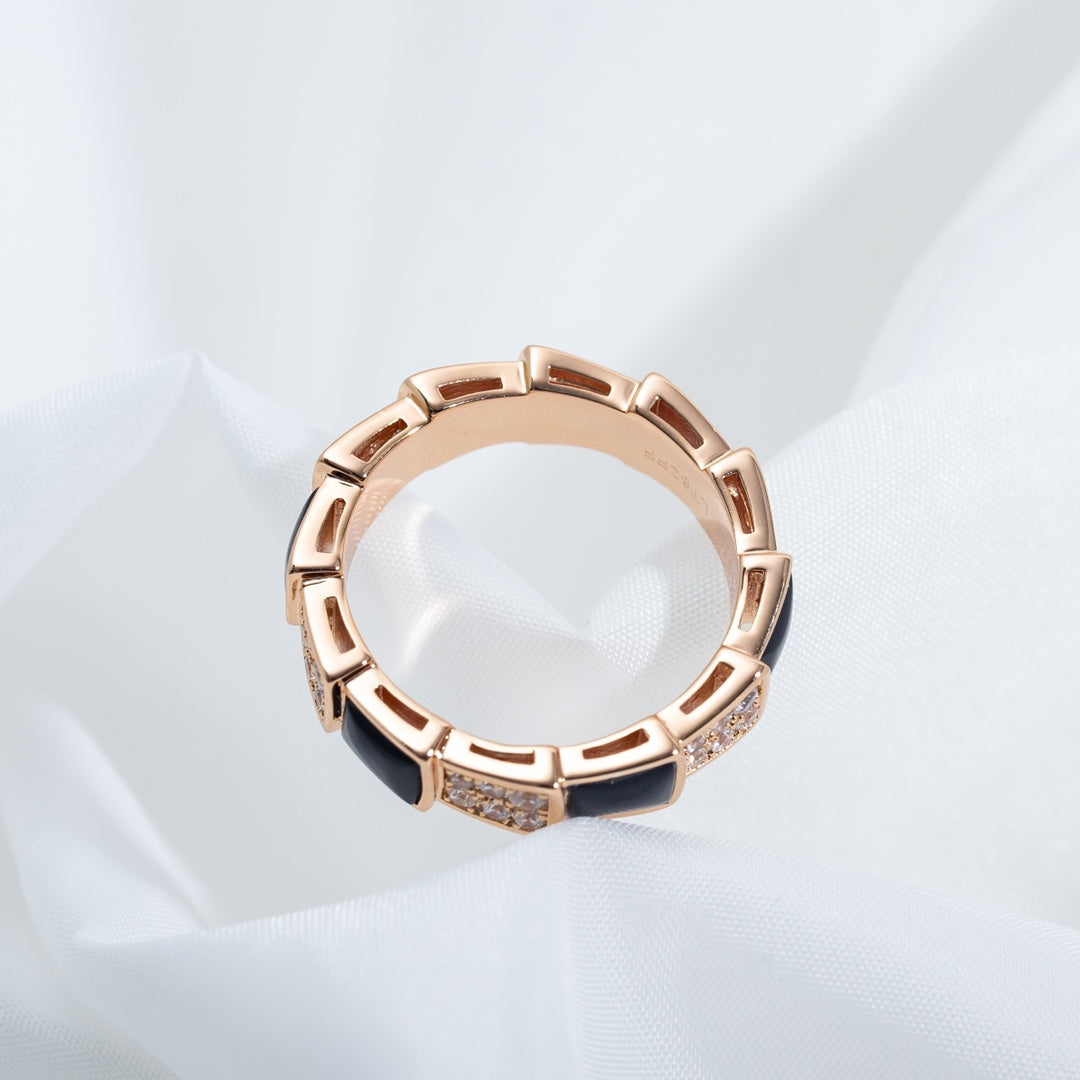 [AuraEcho Jewelry]SERPENTI RING PINK GOLD BLACK MOP DIAMOND PAVED 4MM