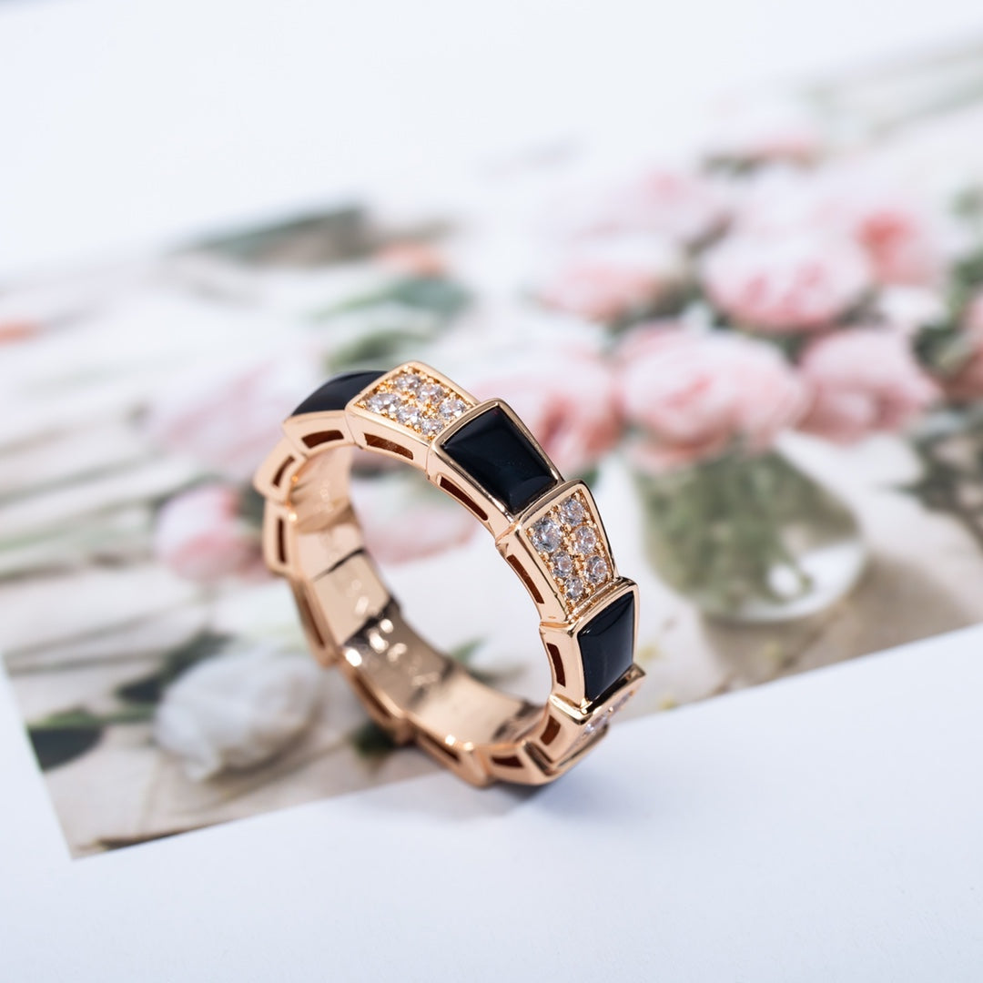 [AuraEcho Jewelry]SERPENTI RING PINK GOLD BLACK MOP DIAMOND PAVED 4MM