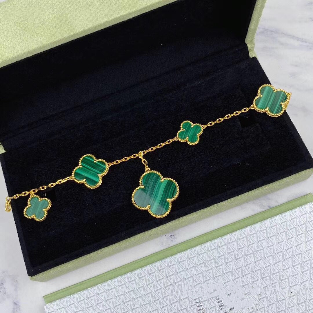 [AuraEcho Jewelry]MAGIC CLOVER MALACHITE GOLD BRACELET 5 MOTIFS