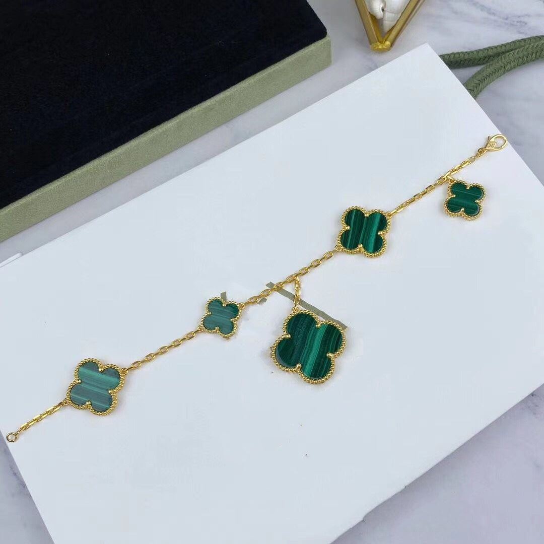 [AuraEcho Jewelry]MAGIC CLOVER MALACHITE GOLD BRACELET 5 MOTIFS
