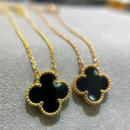 [AuraEcho Jewelry]CLOVER 15MM BLACK ONYX SINGLE FLOWER NECKLACE