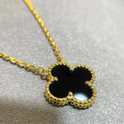 [AuraEcho Jewelry]CLOVER 15MM BLACK ONYX SINGLE FLOWER NECKLACE
